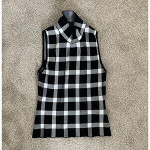 Rachel Roy sleeveless faux neck plaid black and white top